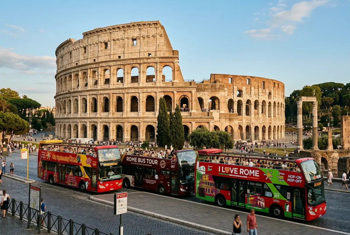 Tres autobuses turisticos de Roma descubiertos y de distintas companias alineados junto a una parada cerca del Coliseo para comparar
