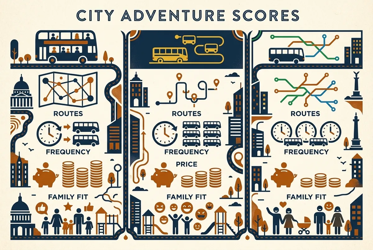 Infografia comparando lado a lado Big Bus, City Sightseeing Yellow Line y la red Roma Cristiana de 3 rutas en cobertura, frecuencia, precio y familias