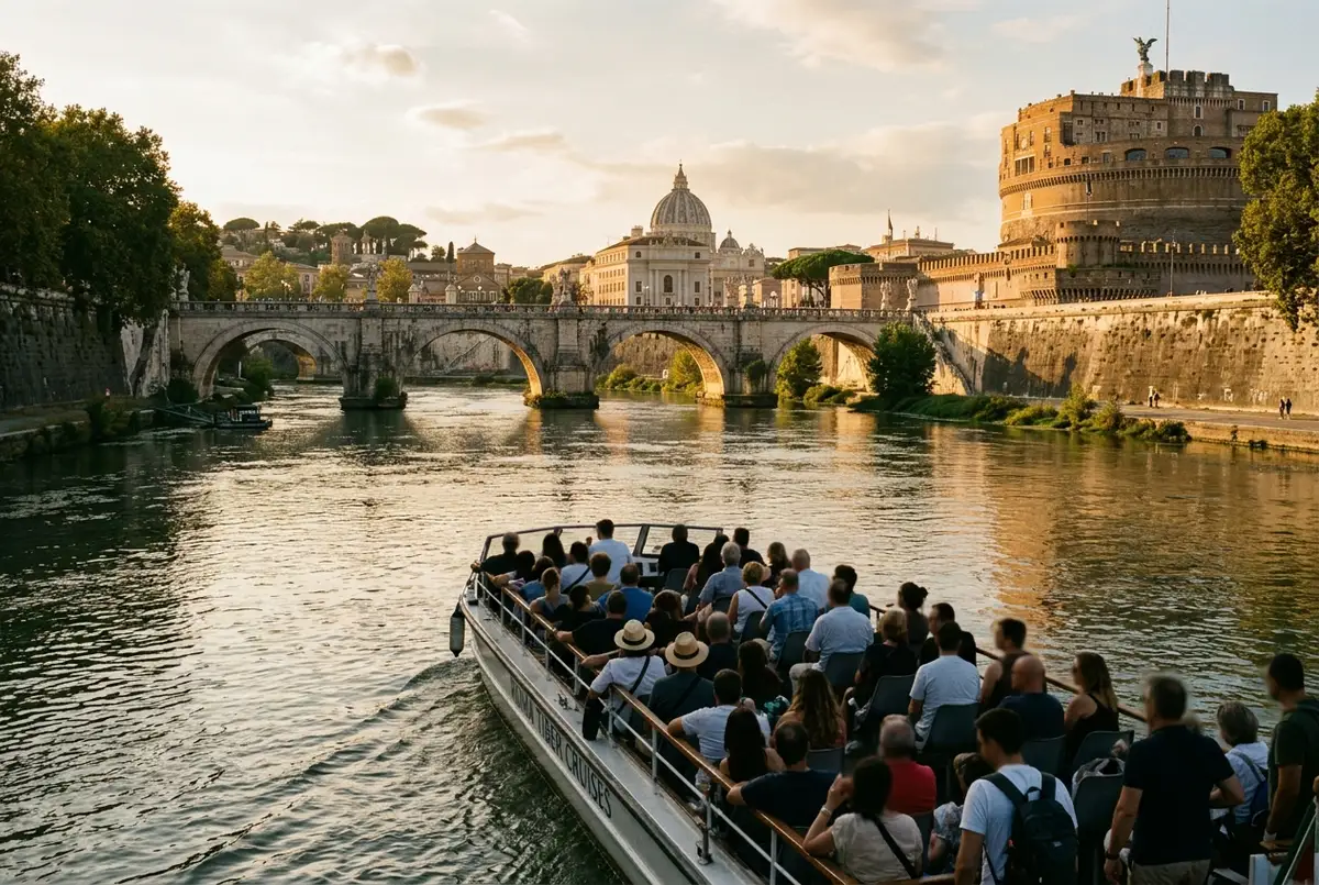 Open top boat gliding along the Tiber River in Rome bathed in golden late afternoon light with a historic bridge in the background