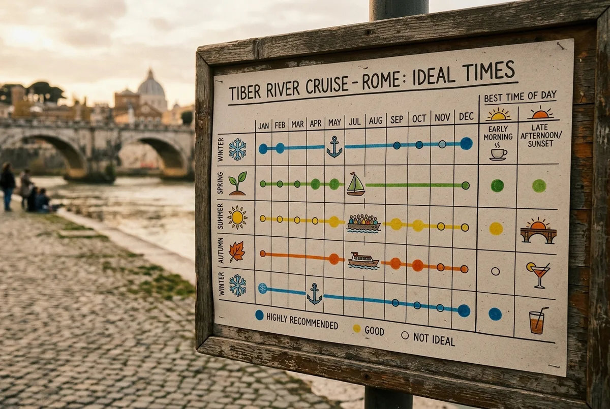 Simple seasonal chart showing the best months and best time of day for a tiber river cruise rome boat ride, labeled with generic season icons rather than statistics