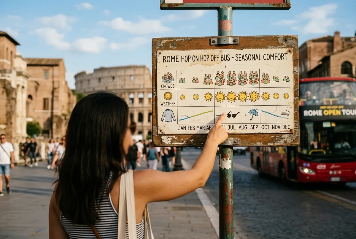 Simple seasonal comfort chart for riding a rome hop on hop off bus, months across the bottom, generic sun and crowd icons only, no statistics or prices