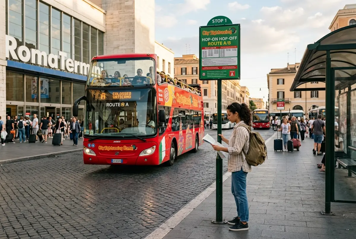 Traveler checking a rome hop on hop off bus stop sign outside Termini station with an open top double decker bus arriving