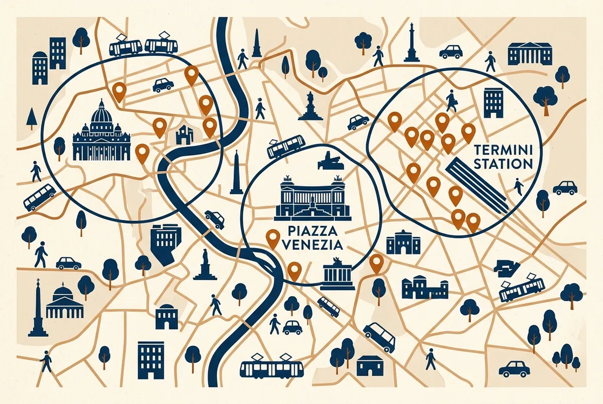 Simple pin map showing the main rome hop on hop off bus stops clustered around Termini, Piazza Venezia and the Vatican with walking distance rings