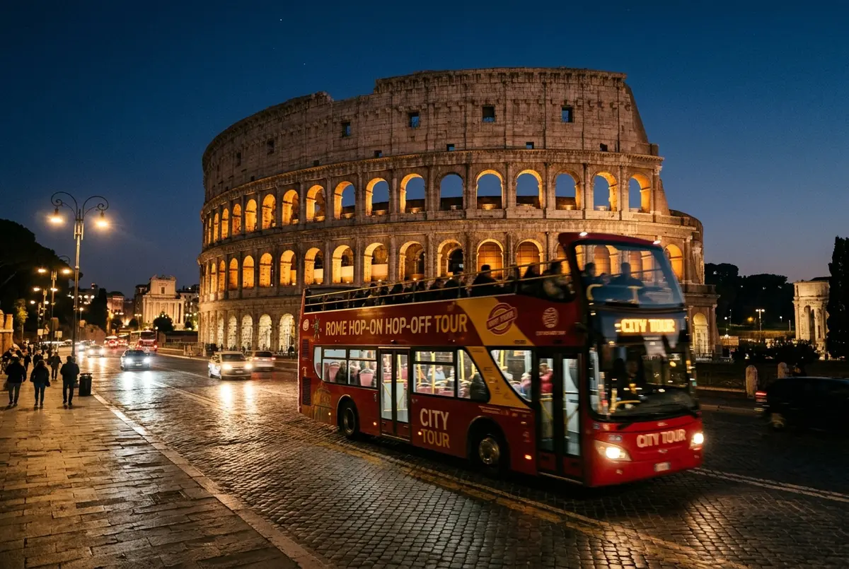 Bus turistico scoperto roma notturno che passa davanti al Colosseo illuminato contro un cielo serale scuro