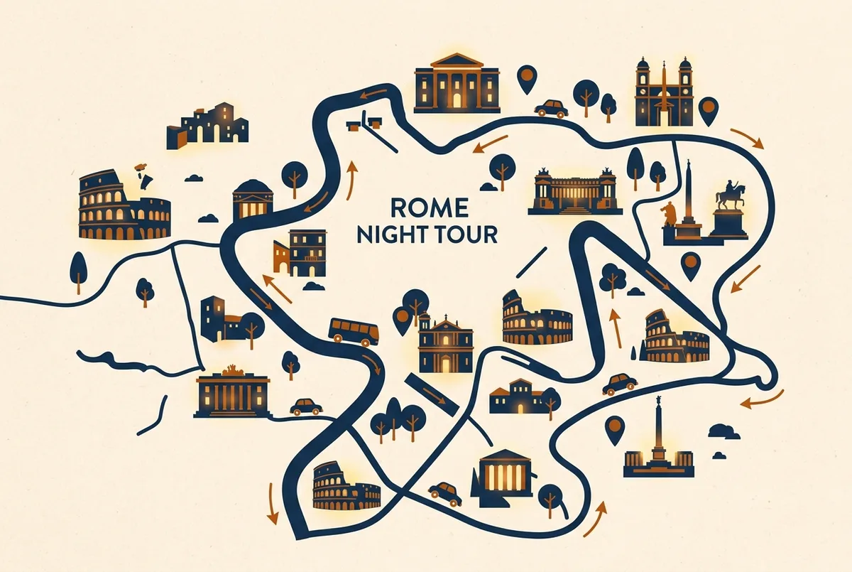 Simple route map graphic showing the rome hop on hop off night tour loop past illuminated landmarks with generic location icons, no statistics or prices
