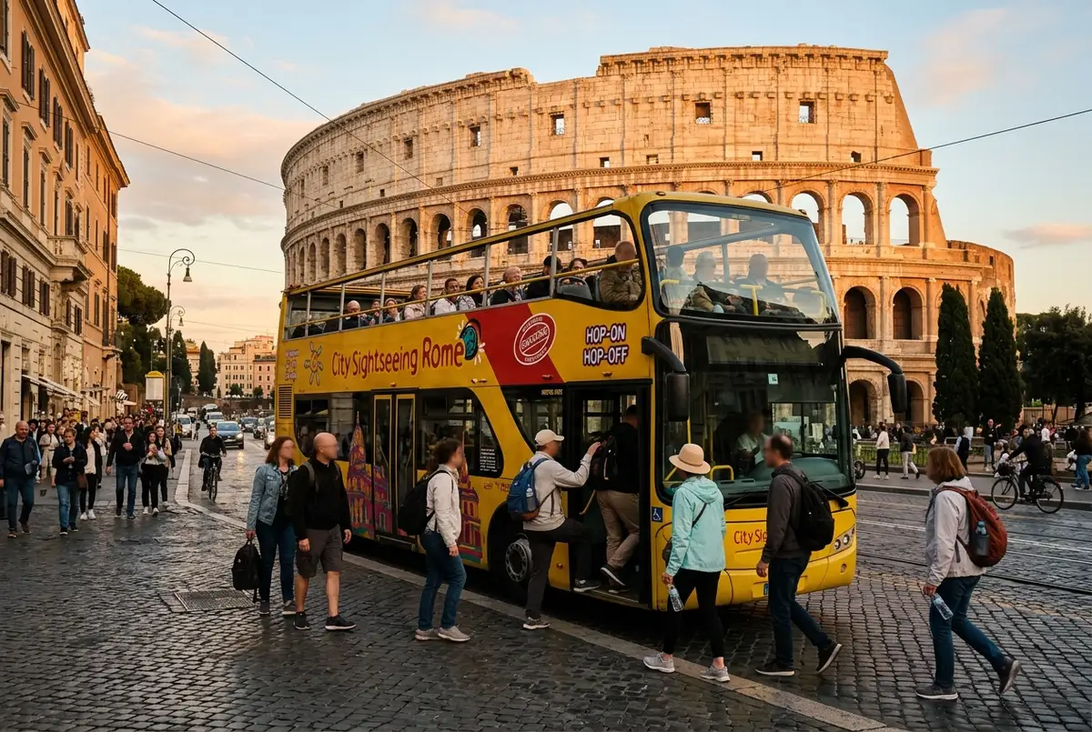 Autobus scoperto City Sightseeing Roma hop on hop off fermo a una fermata vicino al Colosseo con turisti che salgono a bordo in una mattina soleggiata