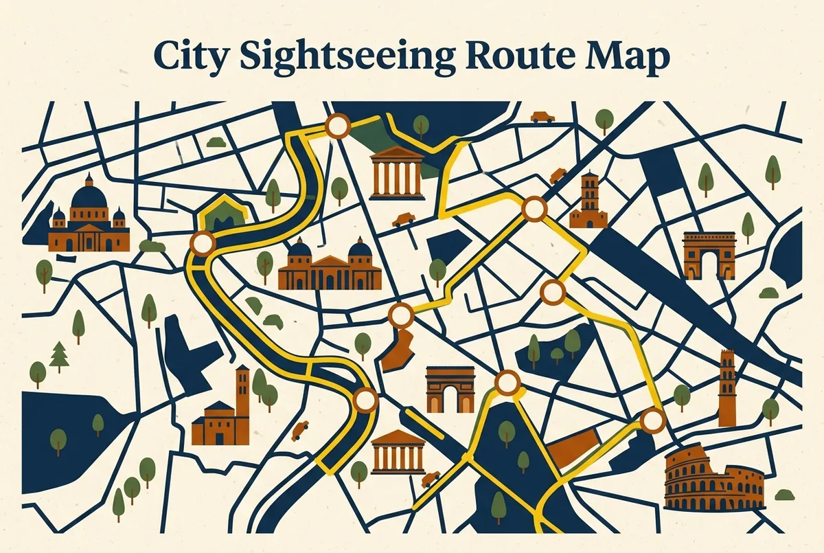 Infografica che confronta le otto fermate del percorso City Sightseeing Roma con tempo di percorrenza e principali punti di interesse a ogni tappa