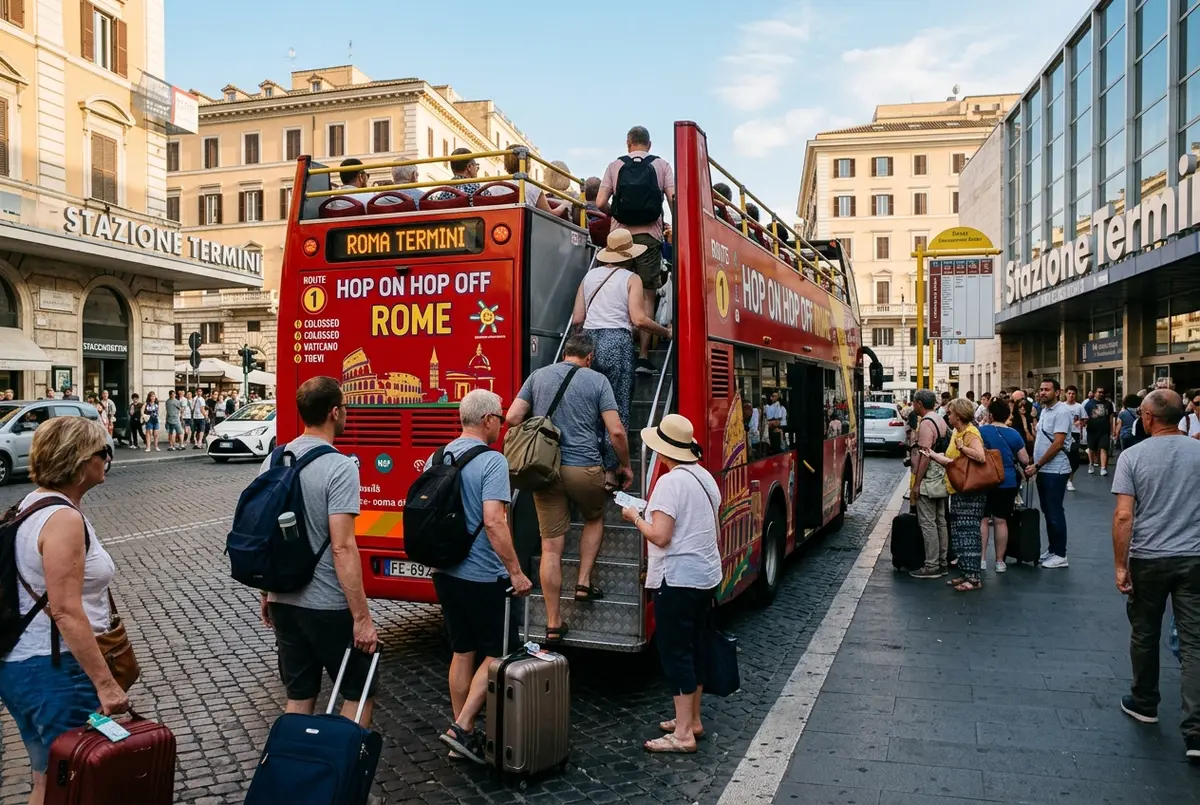 Cruisepassagiers stappen bij het station van Civitavecchia uit een shuttlebus richting de trein naar Rome voor een hop on hop off dagtocht