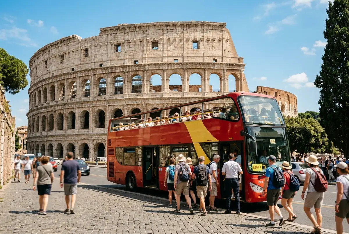 Open top hop on hop off bus parked near the Colosseum in Rome with tourists boarding under bright midday sun