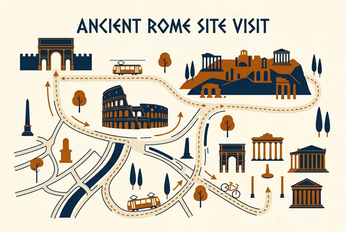 Simple infographic showing a Colosseum, Palatine Hill and Roman Forum visit route on one shared entrance, with generic location icons and no statistics
