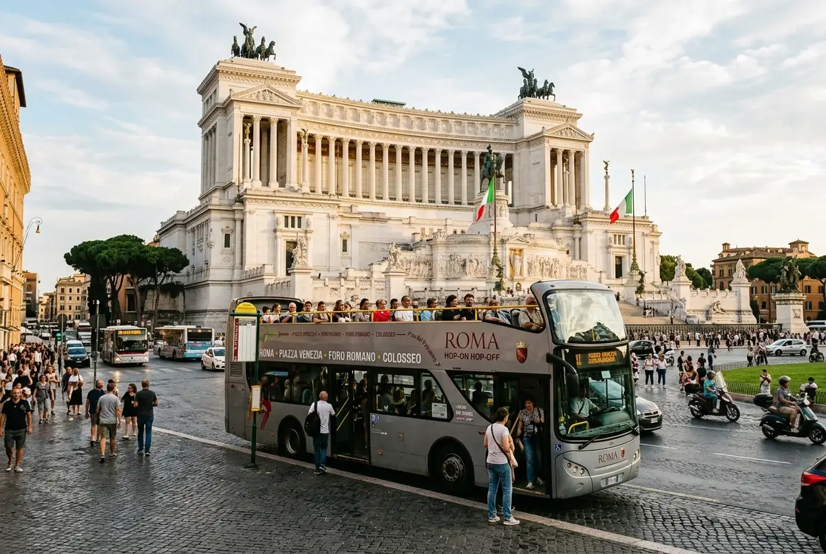 Open top gray line hop on hop off rome style tourist bus parked near Piazza Venezia with the Vittoriano monument in view