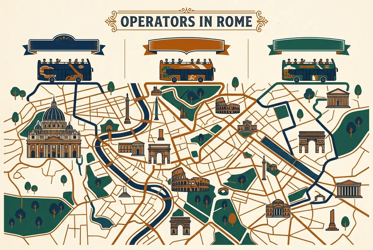Comparison graphic showing the three real hop on hop off operators in Rome as the current alternative to a gray line hop on hop off rome search