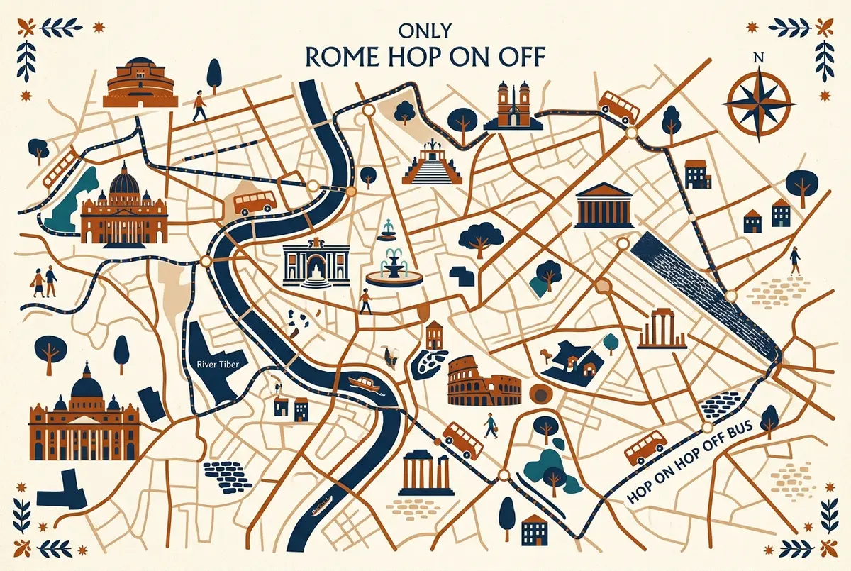Simple map style illustration marking the main rome hop on hop off bus stops around central Rome