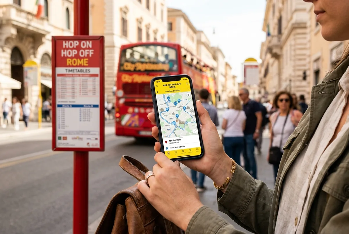 Close up of a traveler using a rome hop on hop off app showing live bus tracking on a smartphone near a city stop