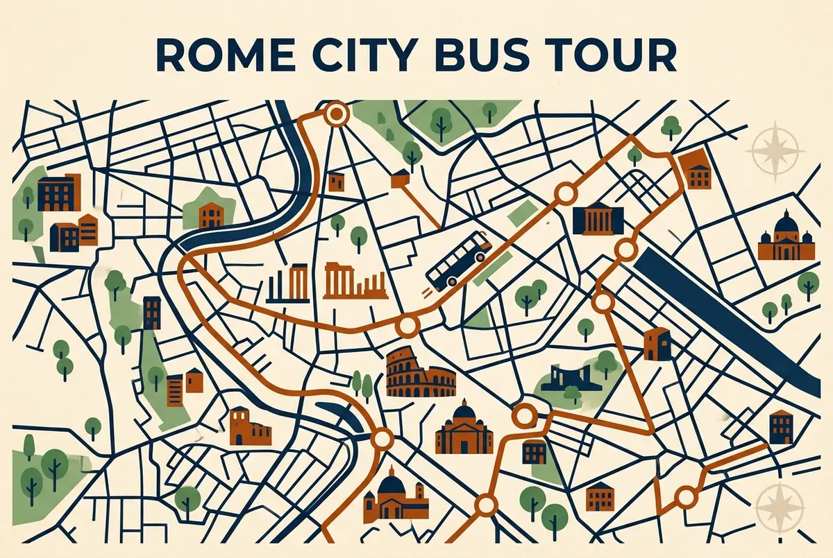Simple infographic showing a rome hop on hop off app screen with a live bus tracker map, generic route line and stop icons only, no prices or statistics