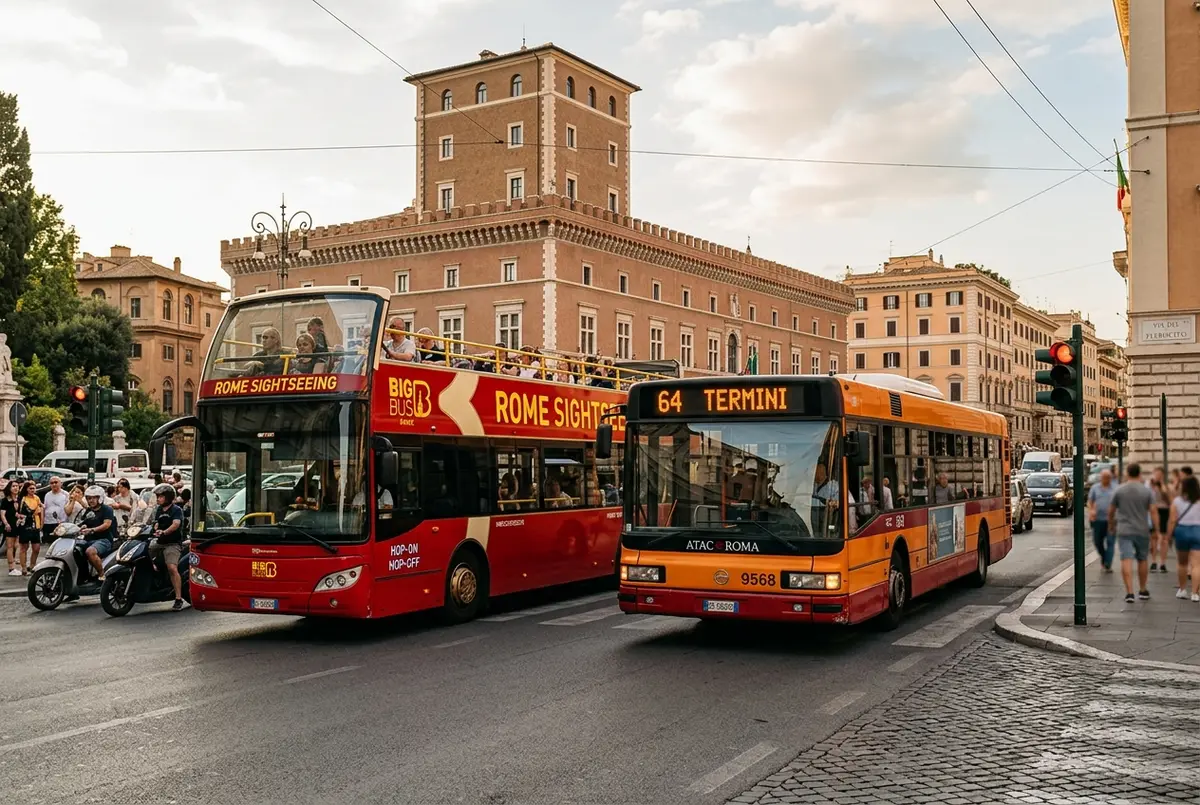 Confronto fianco a fianco tra un bus turistico scoperto a due piani e un autobus urbano ATAC standard fermi a un incrocio di Roma