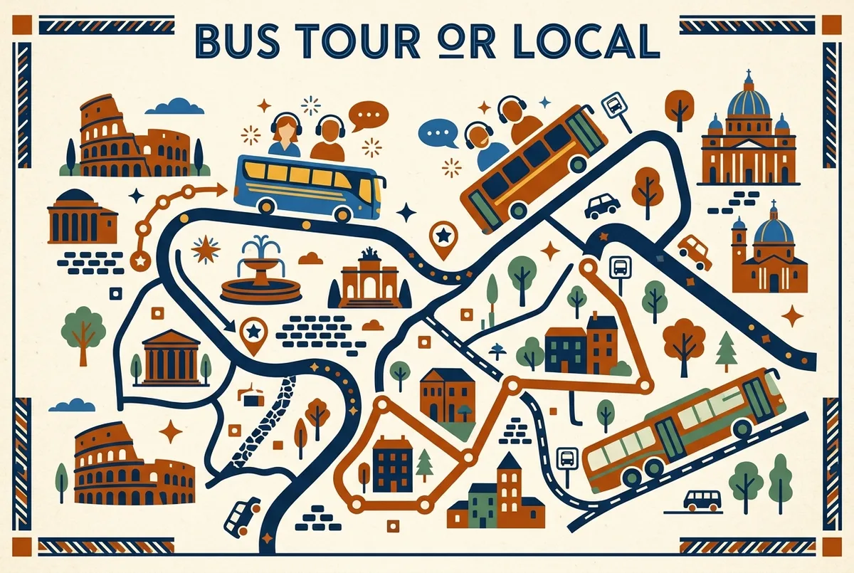 Infografica comparativa tra bus turistico privato e autobus ATAC a Roma su percorso, prezzo e commento audio, icone generiche senza cifre