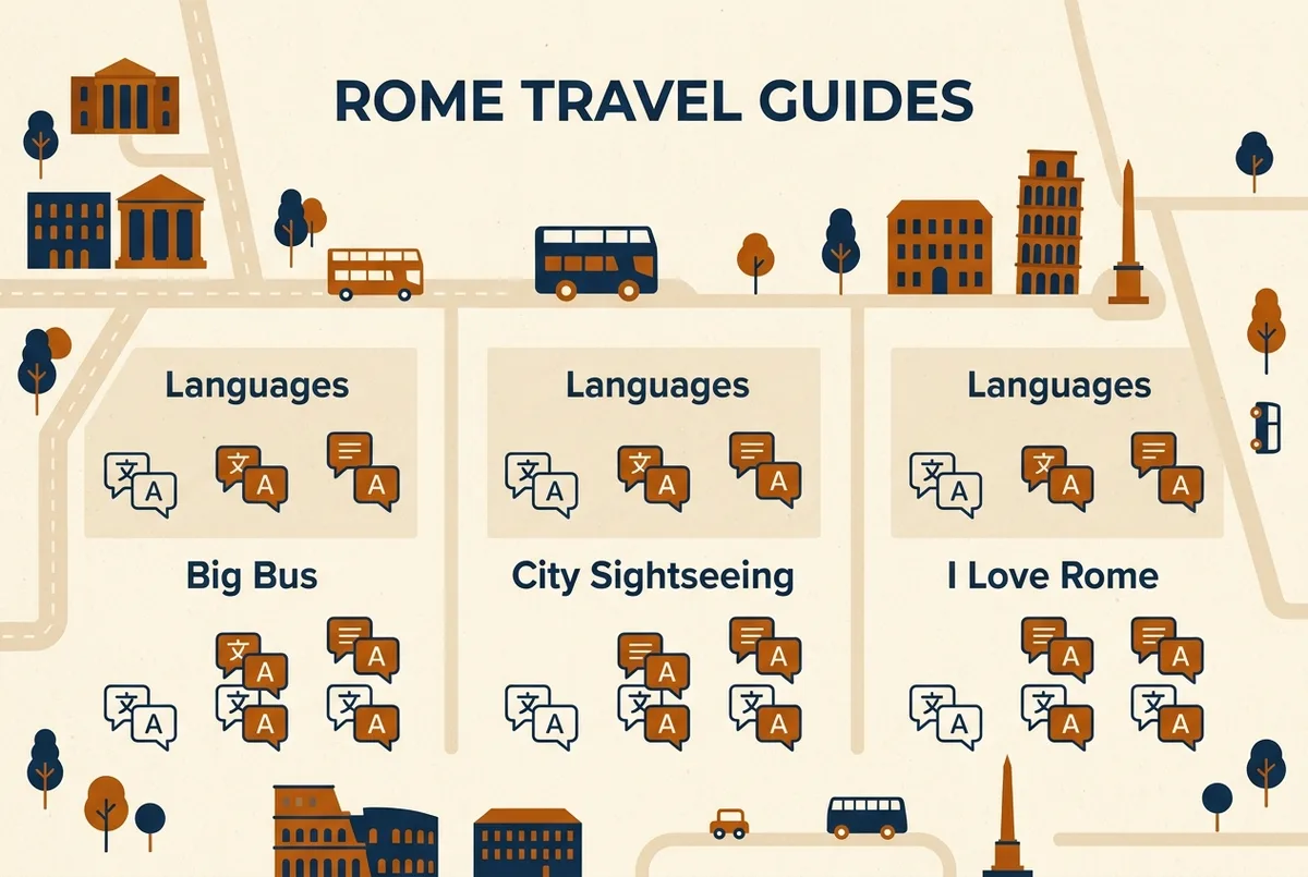 Prosta infografika porównawcza pokazująca liczbę języków audioprzewodnika hop on hop off rzym po polsku według operatora, Big Bus, City Sightseeing i I Love Rome, z ogólnymi ikonami bez statystyk