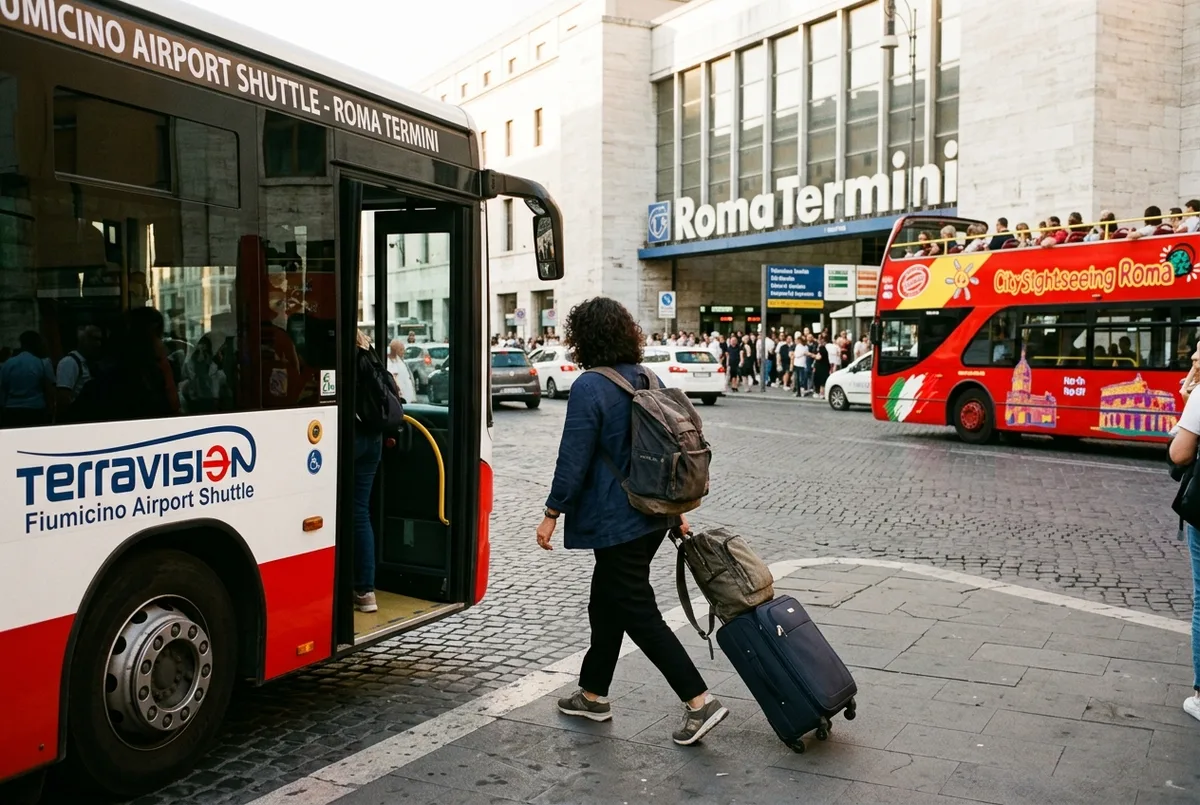 Traveler with luggage exiting a Fiumicino airport shuttle bus near Roma Termini station, rome hop on hop off bus visible in the background