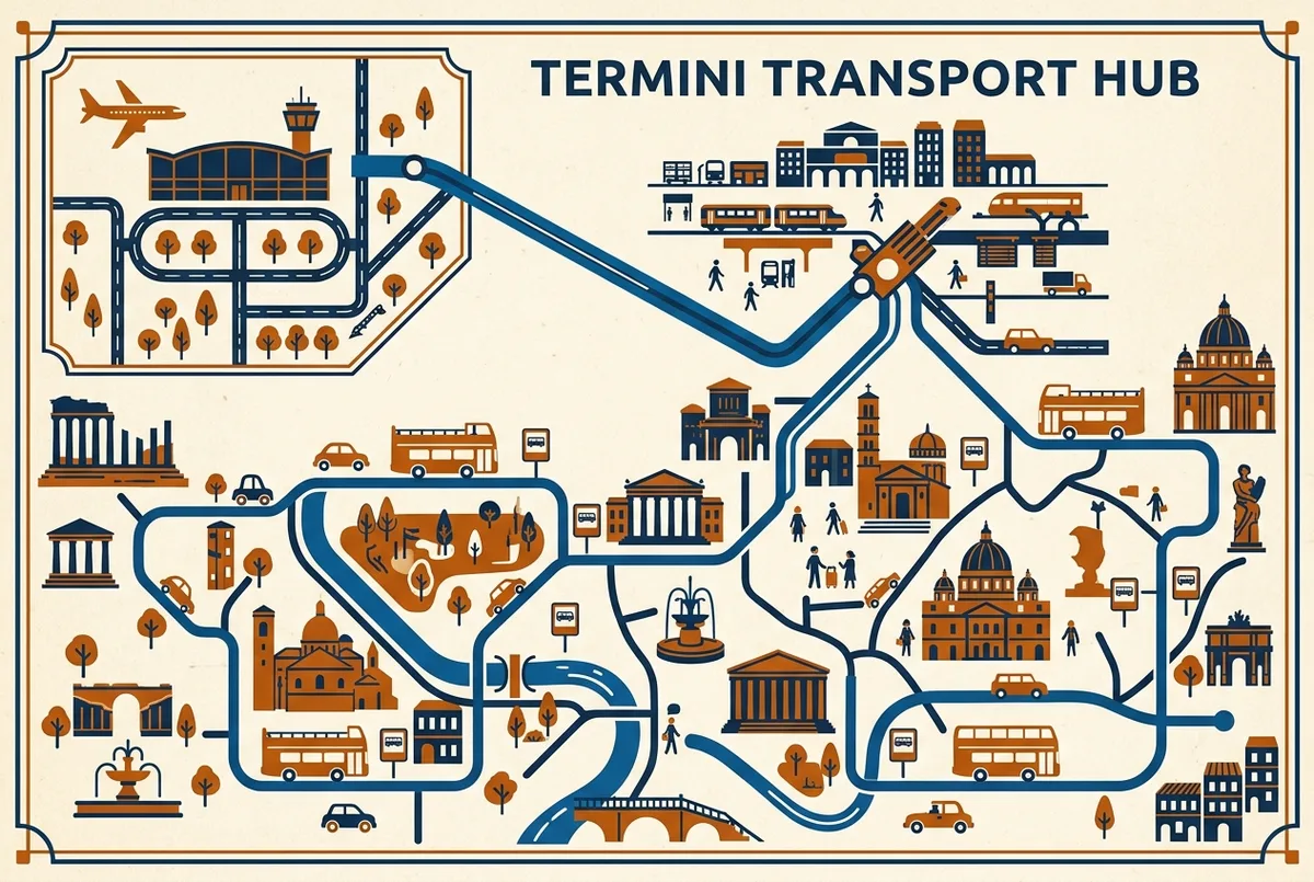 Simple route diagram showing the separate fiumicino airport transfer leg connecting to the rome hop on hop off bus network at Termini, generic icons only, no prices