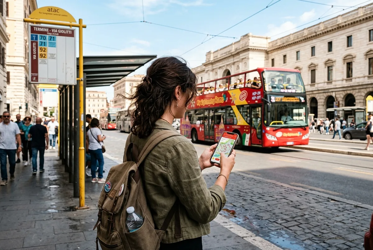 Reisender prüft eine hop on hop off rom in der nähe Karte auf dem Smartphone an einer Bushaltestelle nahe dem Bahnhof Termini am Mittag