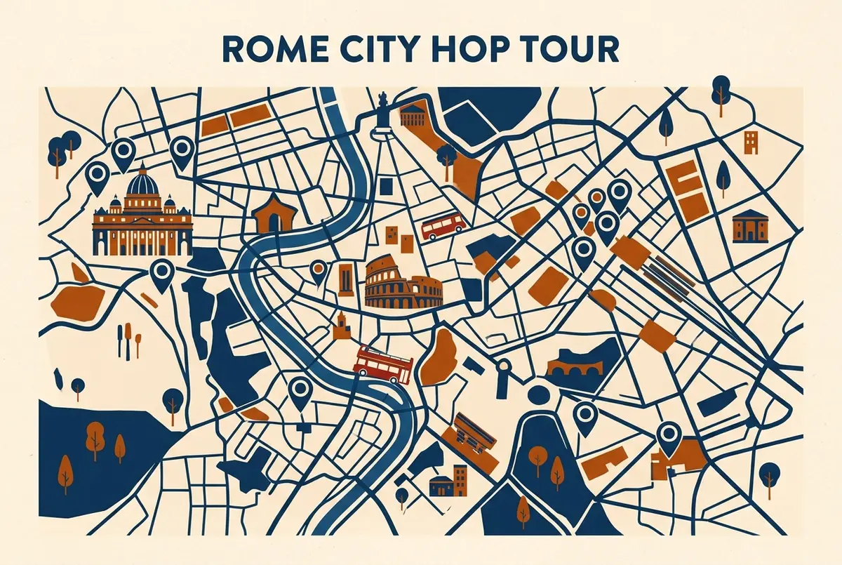Einfache illustrierte Karte des zentralen Rom zeigt hop on hop off rom in der nähe Haltestellencluster nach Viertel, Termini, Vatikan und historisches Zentrum, nur generische Pin-Symbole