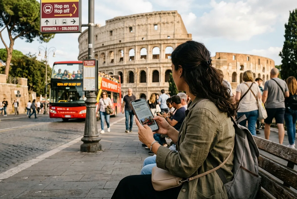 Viajero leyendo opiniones del bus turistico de Roma en el movil mientras espera en una parada de autobus descubierto cerca del Coliseo
