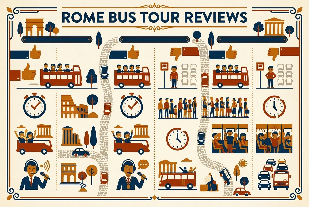 Infografia comparando los temas mas repetidos en las opiniones del bus turistico de Roma entre los tres operadores, elogios y quejas lado a lado