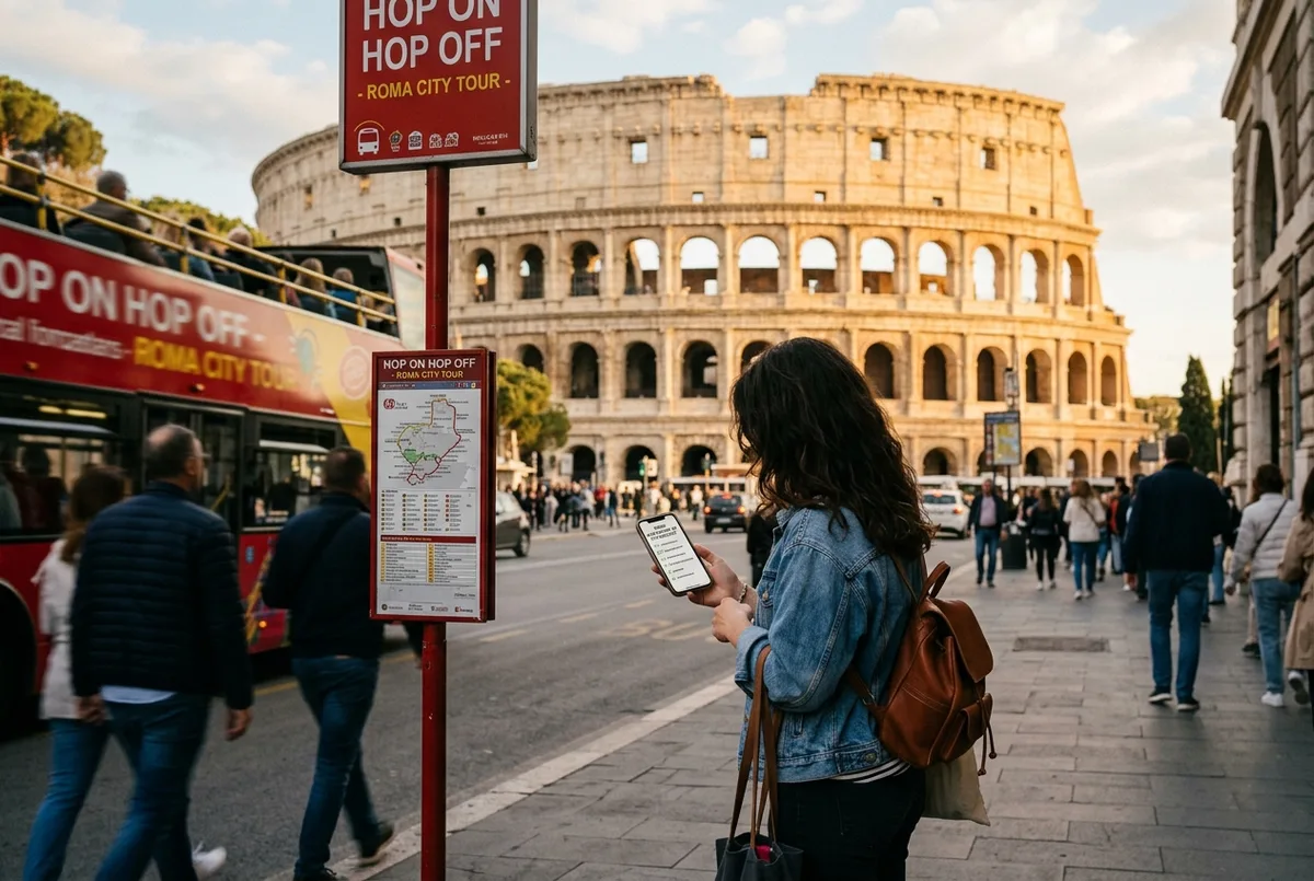 Reisender prüft eine hop on hop off rom tipps Checkliste auf dem Smartphone an einer offenen Bushaltestelle nahe dem Kolosseum