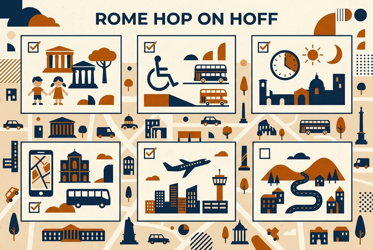 Simple checklist style infographic showing rome hop on hop off tips categories, kids, accessibility, timing, app, airport, day trips, with generic icons and no statistics