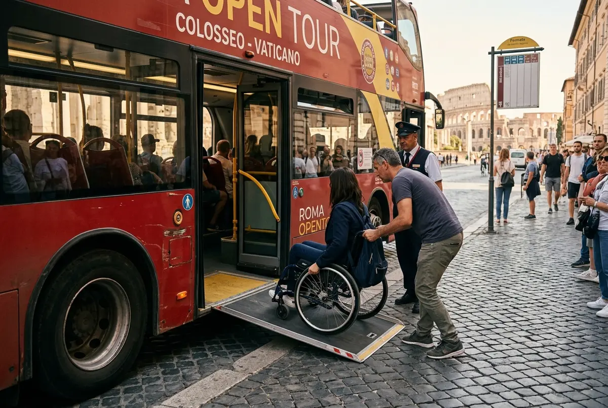 Rollstuhlnutzer steigt über eine Rampe ins niederflurige Unterdeck eines hop on hop off rom Busses an einer Haltestelle in der Stadt ein