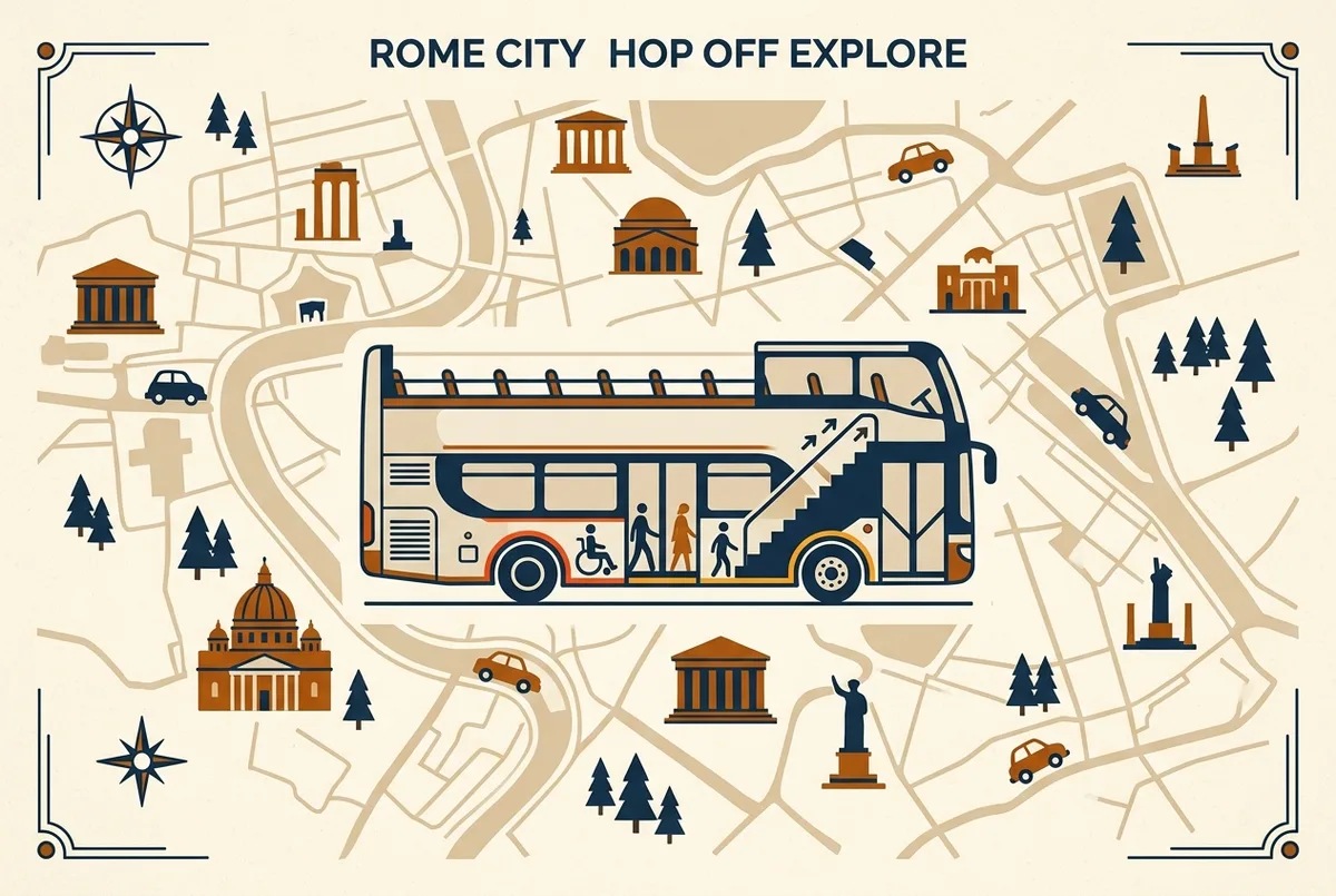 Simple diagram infographic showing a rome hop on hop off double decker bus with the accessible low floor lower deck highlighted and the stairs only upper deck marked separately