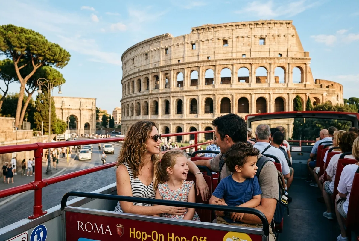 Familie mit kleinen Kindern sitzt auf dem Oberdeck eines hop on hop off rom Busses nahe dem Kolosseum an einem sonnigen Nachmittag