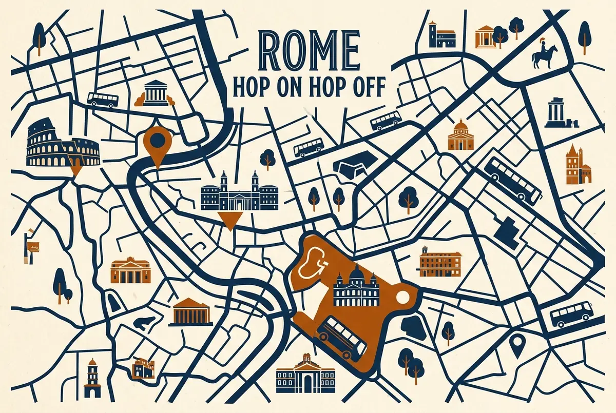 Simple illustrated map showing kid friendly rome hop on hop off stops, Colosseum and Piazza Navona highlighted with generic icons, no statistics or prices