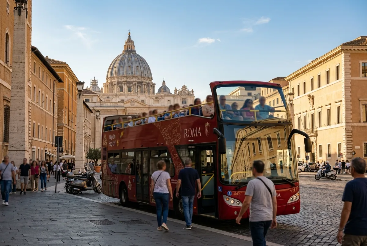Autobus turistico descubierto de dos pisos pasando frente a la plaza de san pedro en el vaticano con la cupula de la basilica al fondo