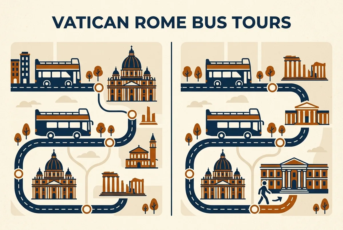 Infografia comparando el combo de bus turistico y vaticano de dos flotas frente al pase con entrada incluida al vaticano y al coliseo