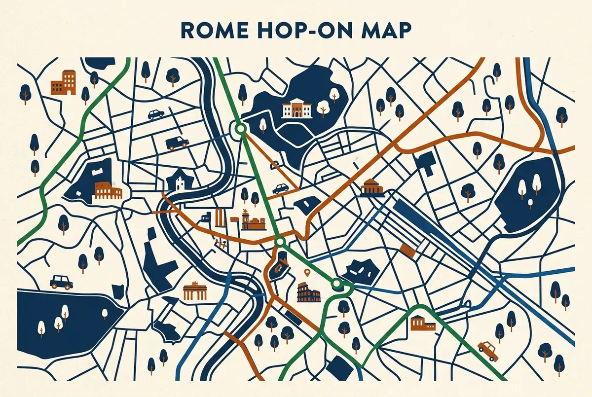 I love rome hop on hop off three route map showing the Green, Orange and Blue lines and Villa Borghese stop