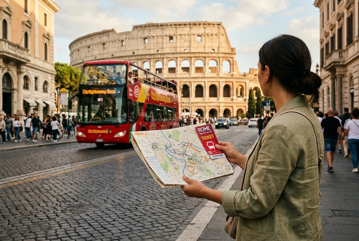 Turista sorridente seduto al piano superiore scoperto di un bus turistico Roma con il Colosseo sullo sfondo in una giornata di sole