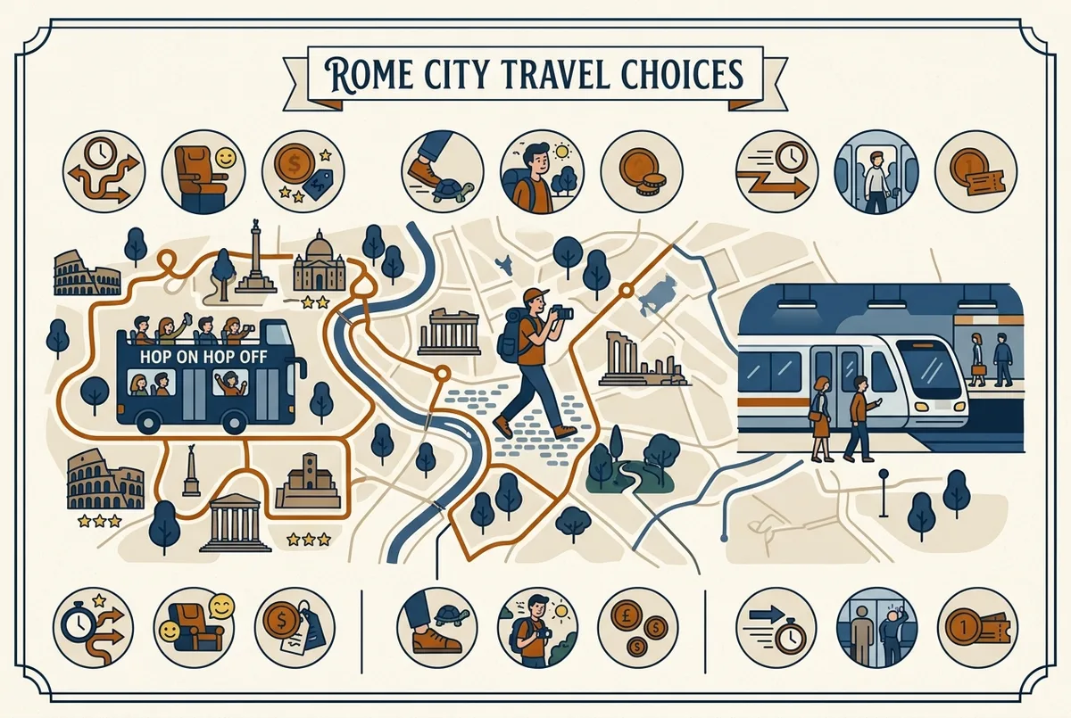Infografica che confronta bus turistico, metro e camminata a Roma per tempo, costo e comodita