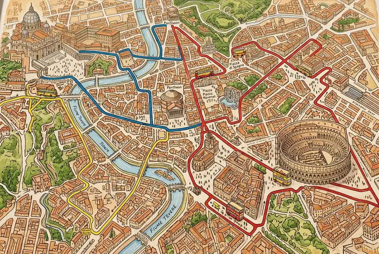 Overhead illustrated map of rome hop on hop off bus routes threading past the Colosseum, Vatican and historic center with color coded lines