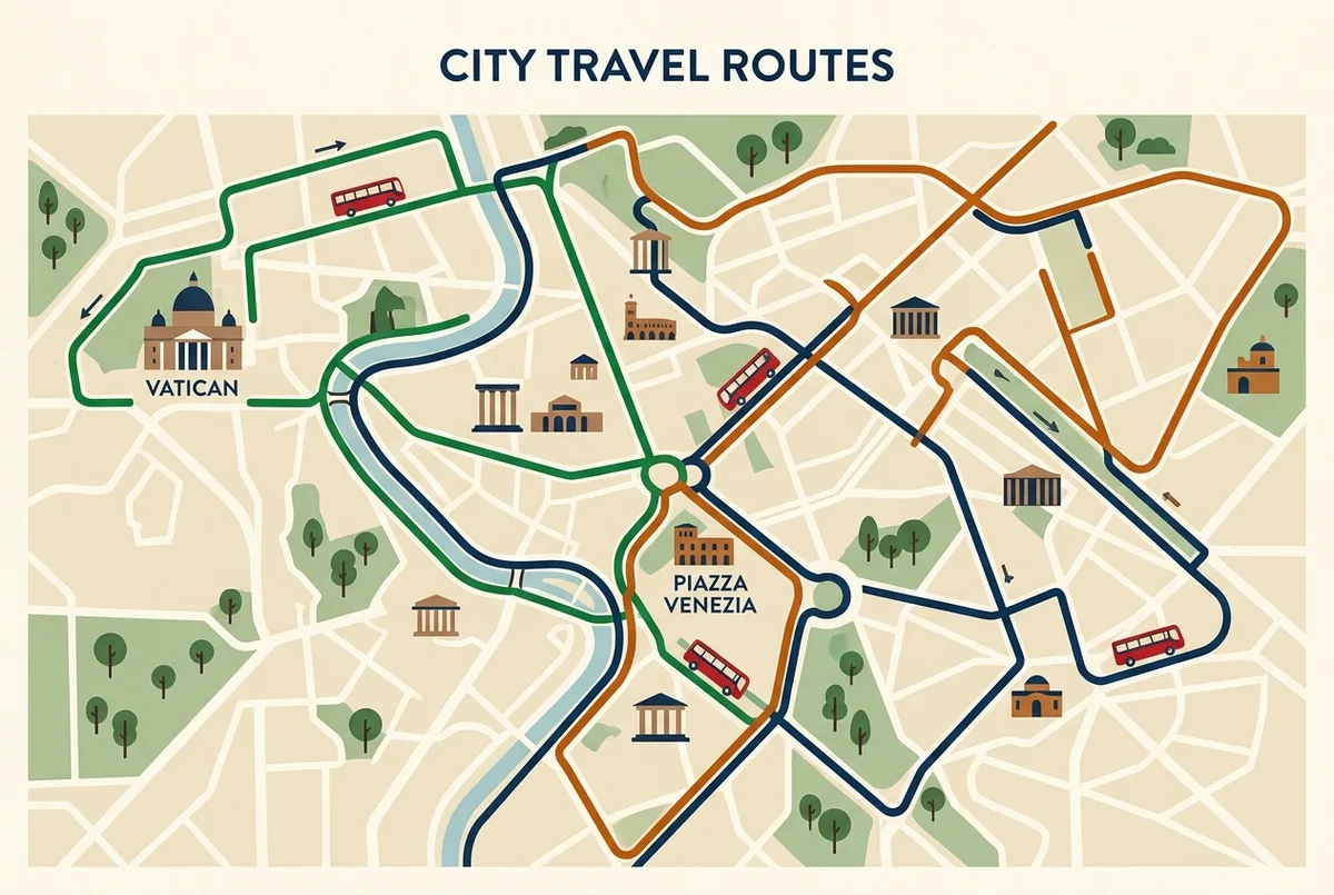 Simple color coded route map showing the rome hop on hop off Green, Orange and Blue lines connecting at Piazza Venezia and the Vatican