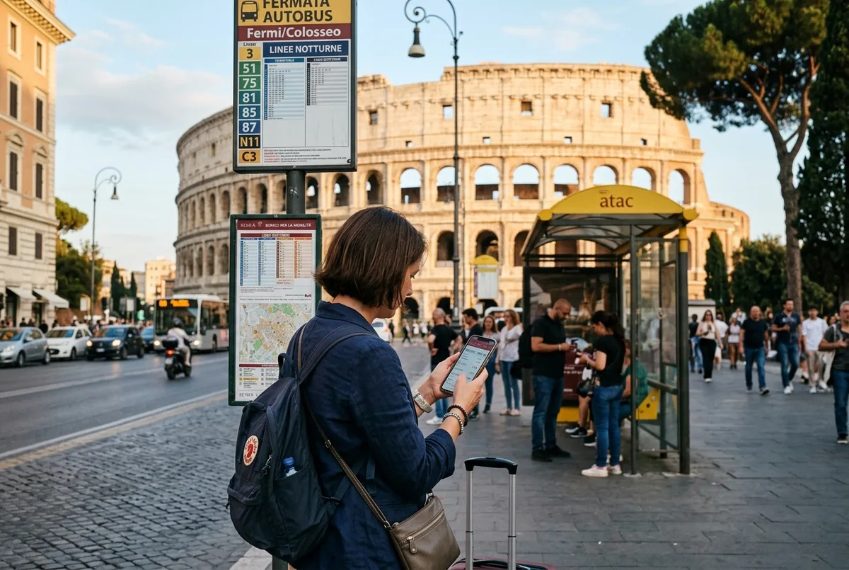 Viaggiatore che confronta i prezzi del bus turistico Roma su un cartello tariffario a una fermata vicino al Colosseo