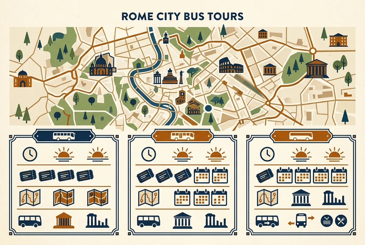 Infografica che confronta i prezzi del bus turistico Roma per operatore e durata del biglietto da 3 ore a 72 ore