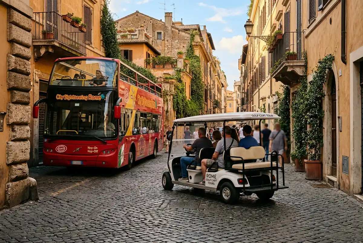 Small electric golf cart tour weaving through a narrow cobblestone rome street beside a parked red open top hop on hop off bus for comparison