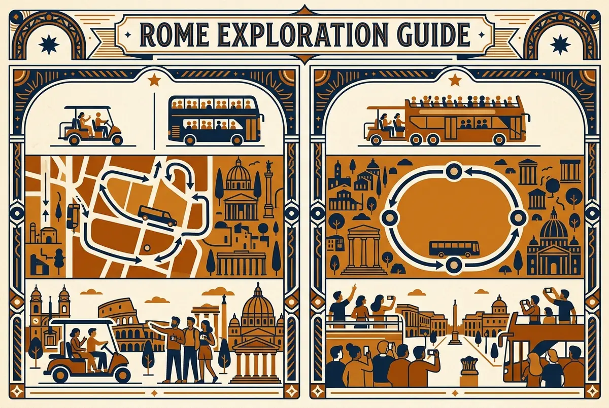 Side by side infographic comparing a rome golf cart tour and hop on hop off bus on group size, route flexibility and best use case