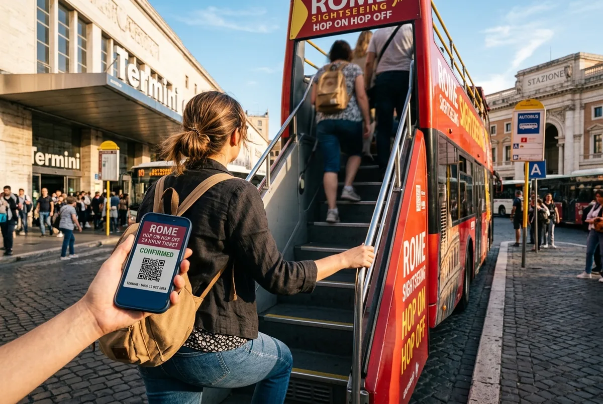 Traveler holding a rome hop on hop off 24 hour ticket confirmation on a phone while boarding an open top bus at Termini station