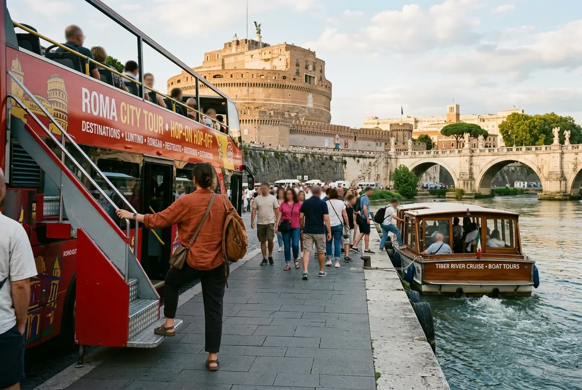 Turista sosteniendo un billete combinado de bus turistico y crucero por el tiber en roma junto a un autobus descubierto y el rio al fondo