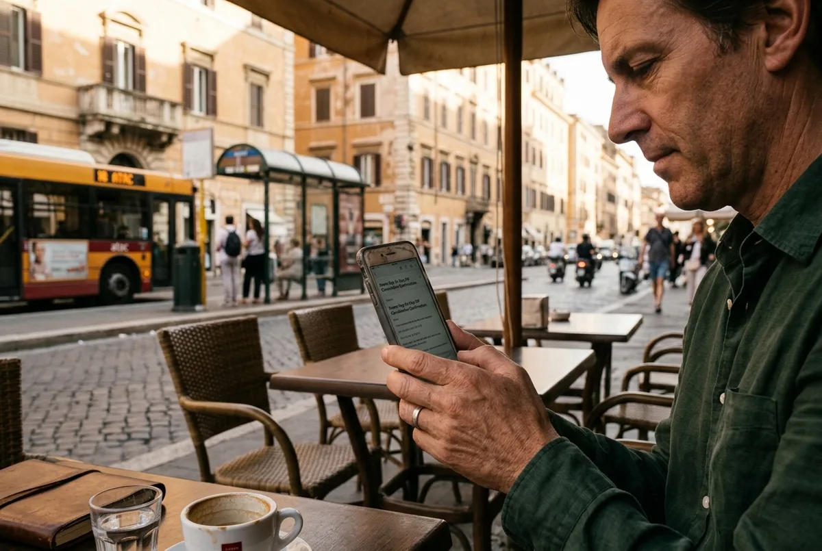 Traveler checking a rome hop on hop off cancellation policy confirmation email on a phone at an outdoor cafe near a bus stop