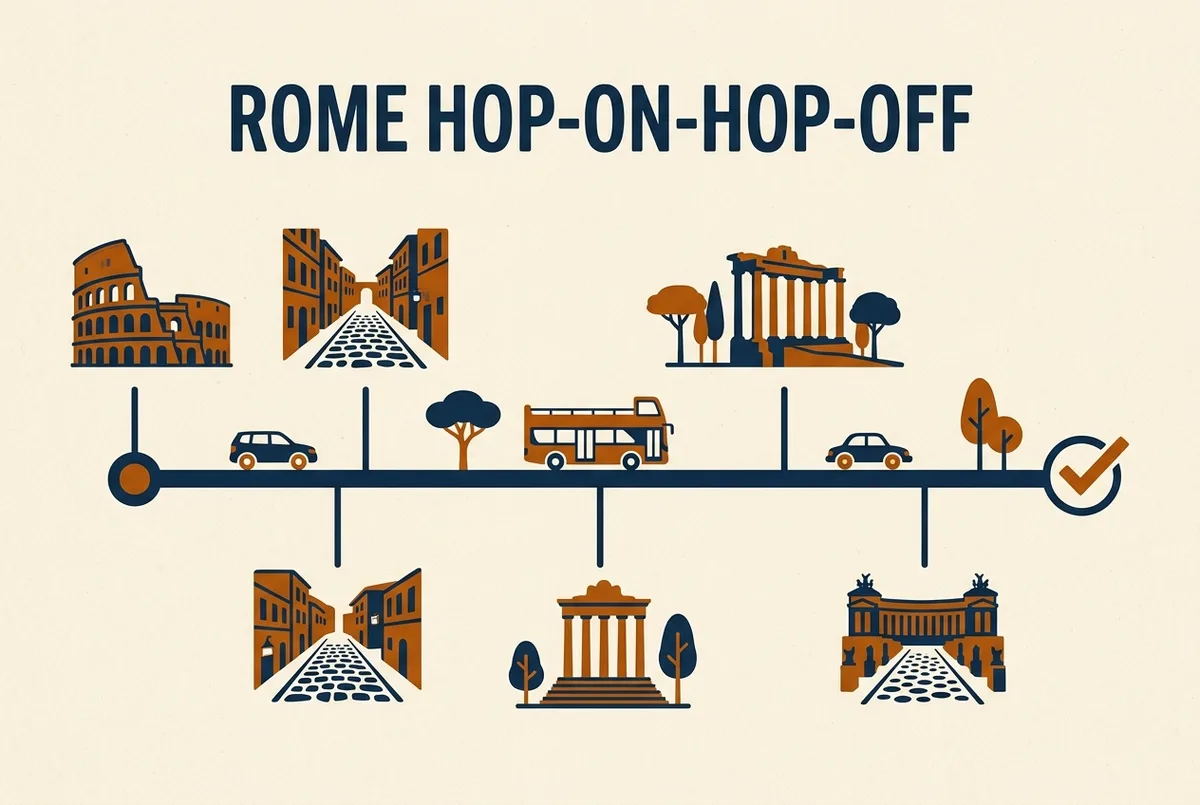 Simple timeline infographic showing the rome hop on hop off cancellation policy window counting down from booking to the travel date with a generic refund checkmark