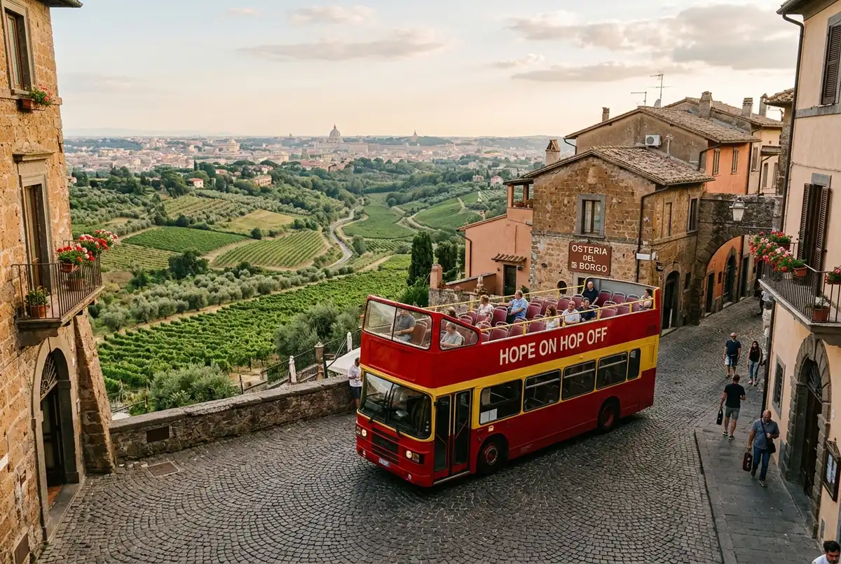 Open top hop on hop off bus parked in a hilltop Castelli Romani wine town near Rome with vineyards in the background